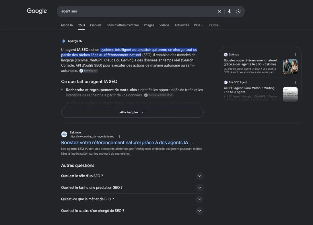 Résultats de Google pour la recherche « agent seo »