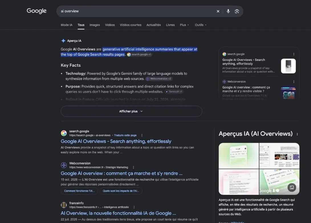 Résultats de Google pour la recherche « ai overview »