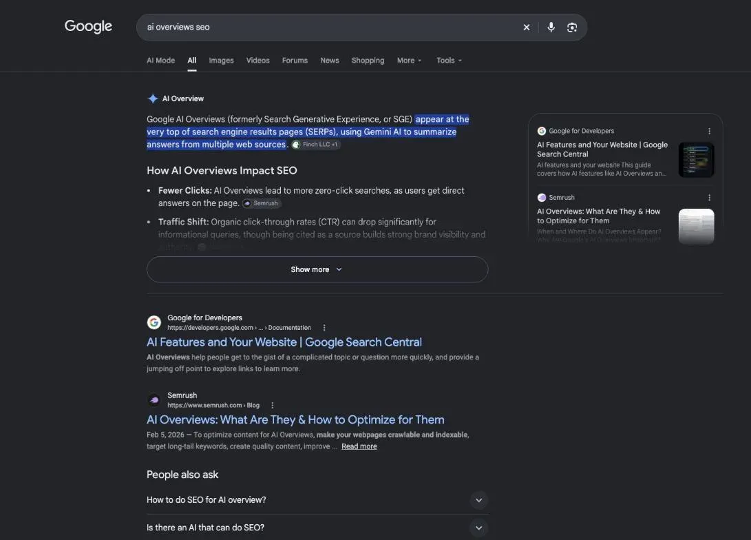 Google results for the search "ai overviews seo"