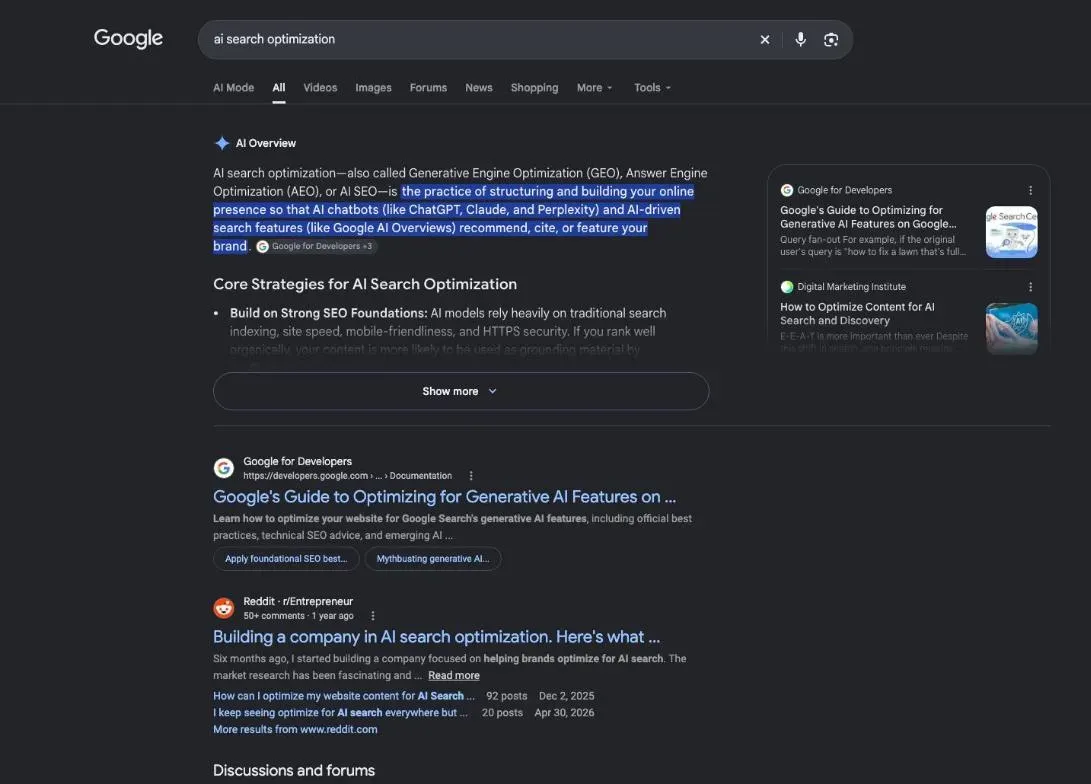 Google results for the search "ai search optimization"