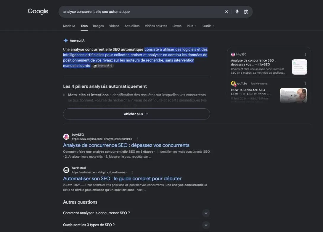 Résultats de Google pour la recherche « analyse concurrentielle seo automatique »