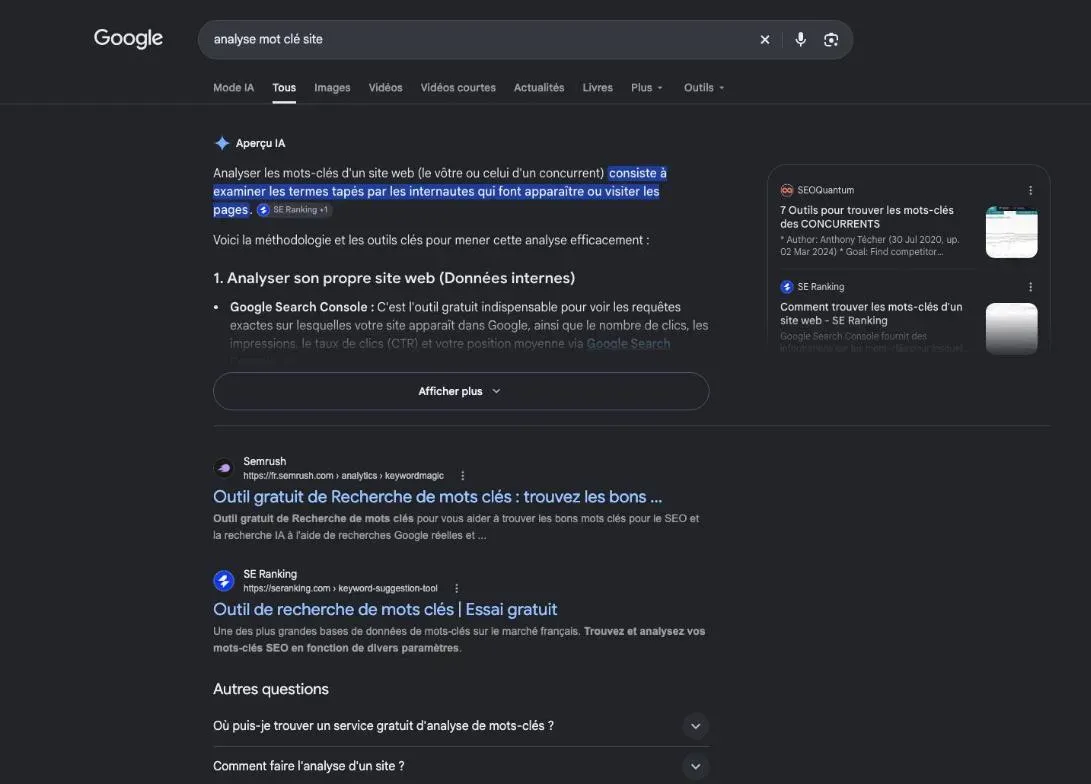 Résultats de Google pour la recherche « analyse mot clé site »