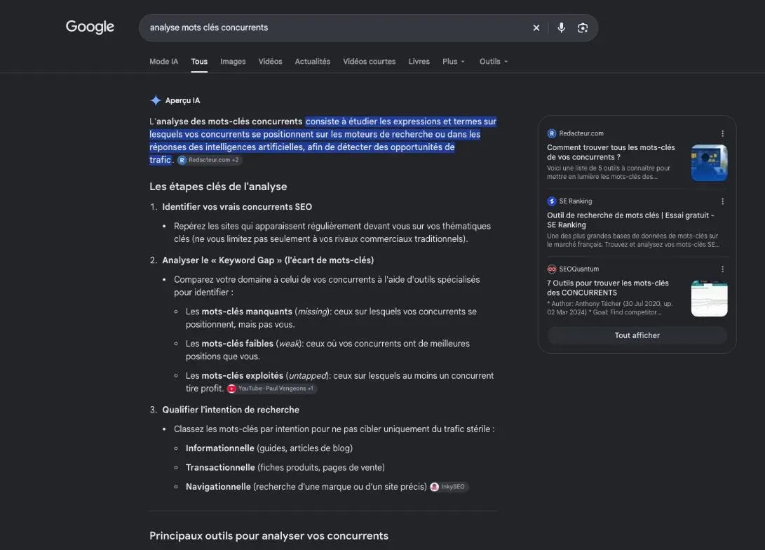 Résultats de Google pour la recherche « analyse mots clés concurrents »