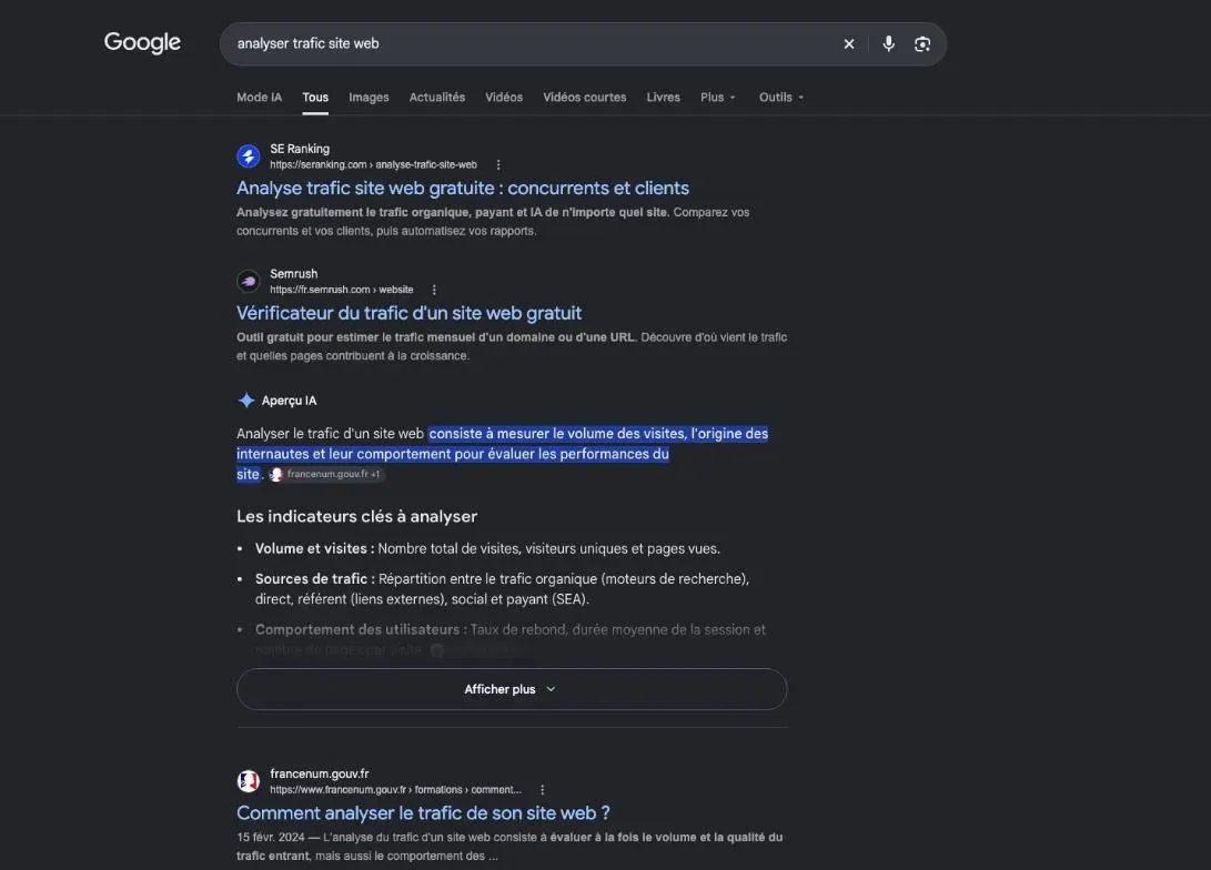 Première page de Google pour analyser le trafic d'un site web, avec des outils en ligne