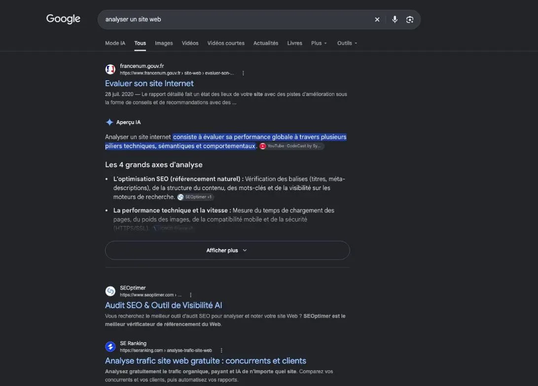 Première page de Google pour la recherche sur l'analyse d'un site internet