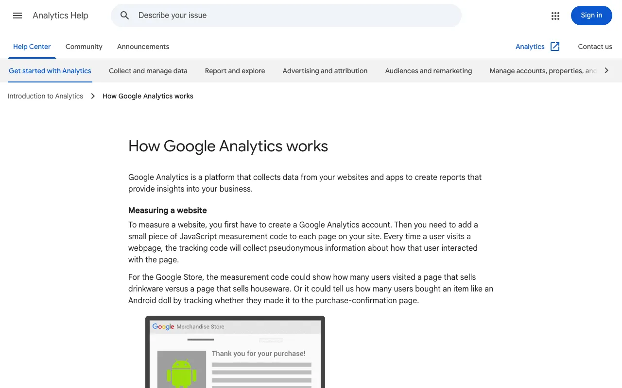 Google Analytics help page explaining how the measurement code collects data on a website