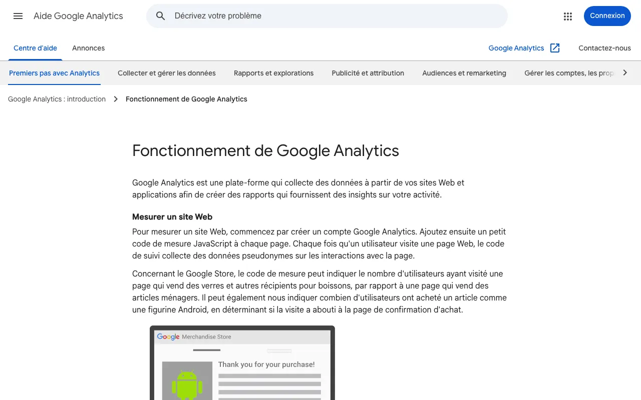 Page d'aide de Google Analytics qui explique la collecte et le traitement des données