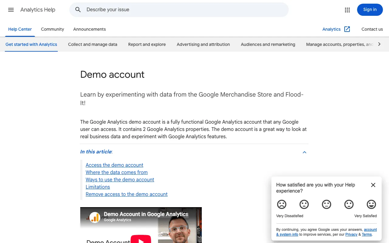 Google Analytics help page about the demo account with data from the Google Merchandise Store