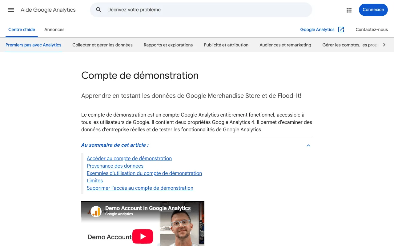 Page d'aide de Google Analytics qui présente le compte de démonstration et ses données