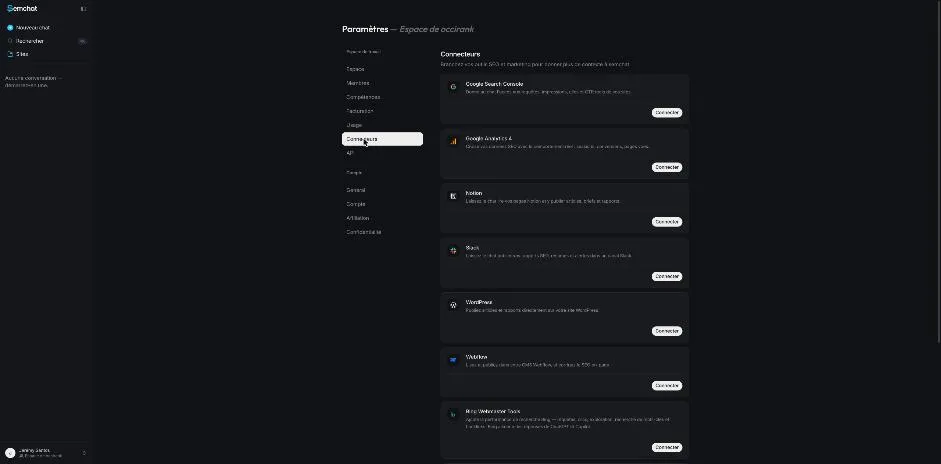 SemChat connectors screen: Search Console, Analytics, Notion, Slack, WordPress, Webflow and Bing