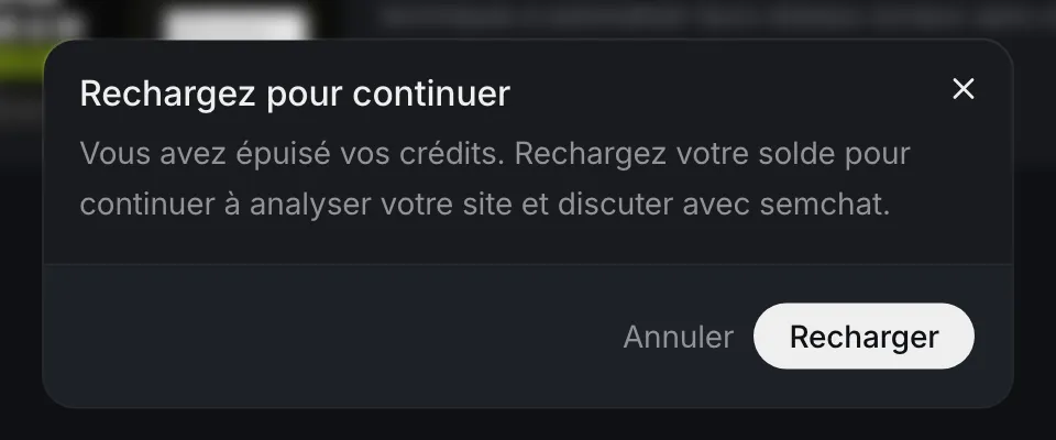SemChat window offering to top up the balance once the quota is used up