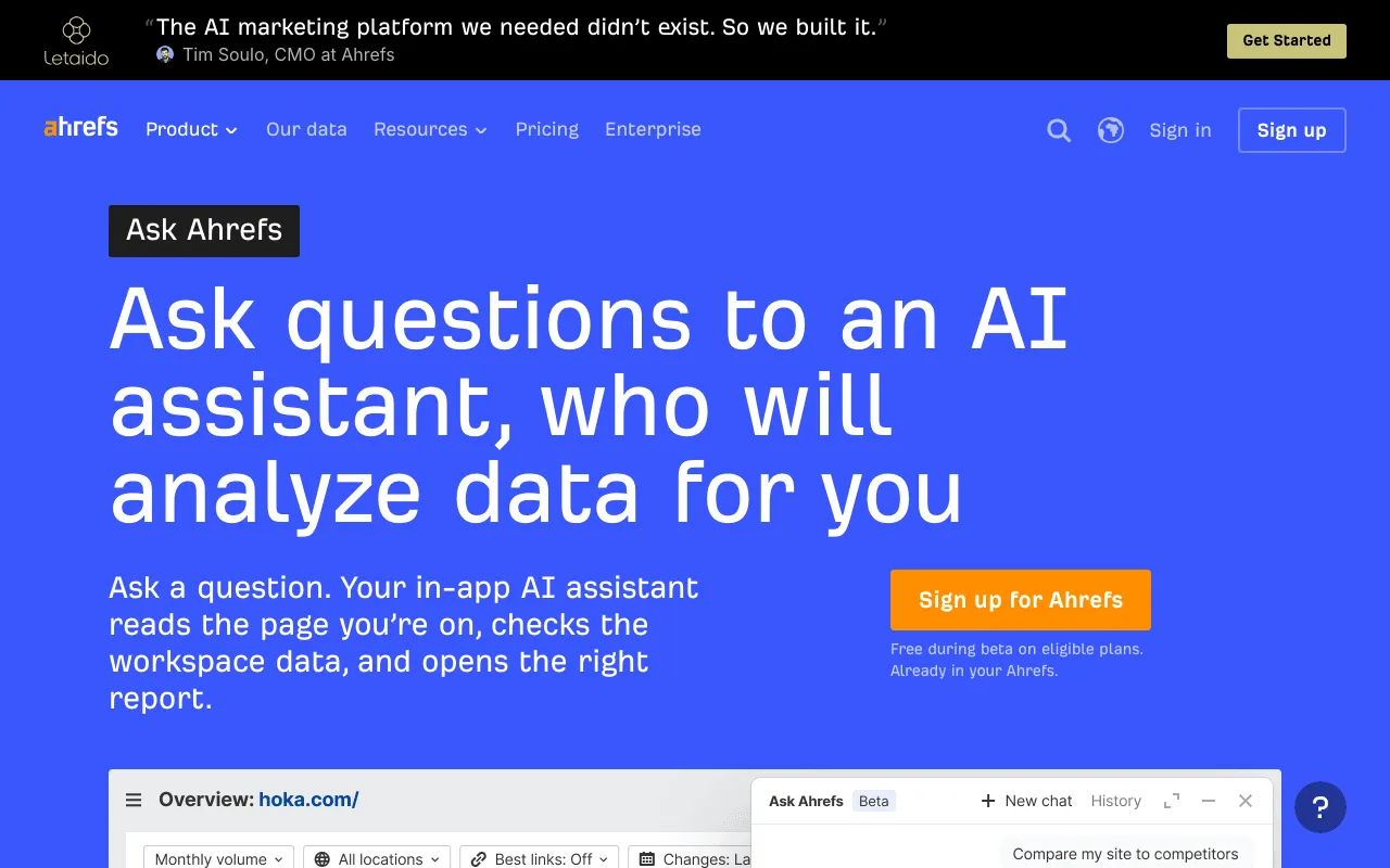 Ask Ahrefs page explaining which Ahrefs plans include the assistant during its beta