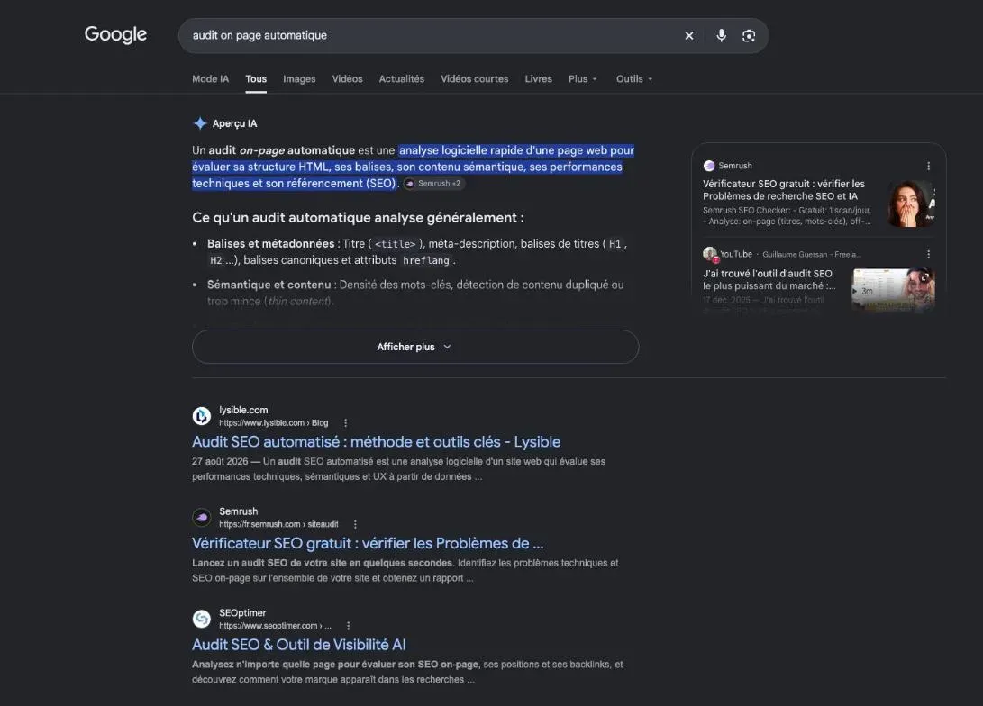 Résultats de Google pour la recherche « audit on page automatique »