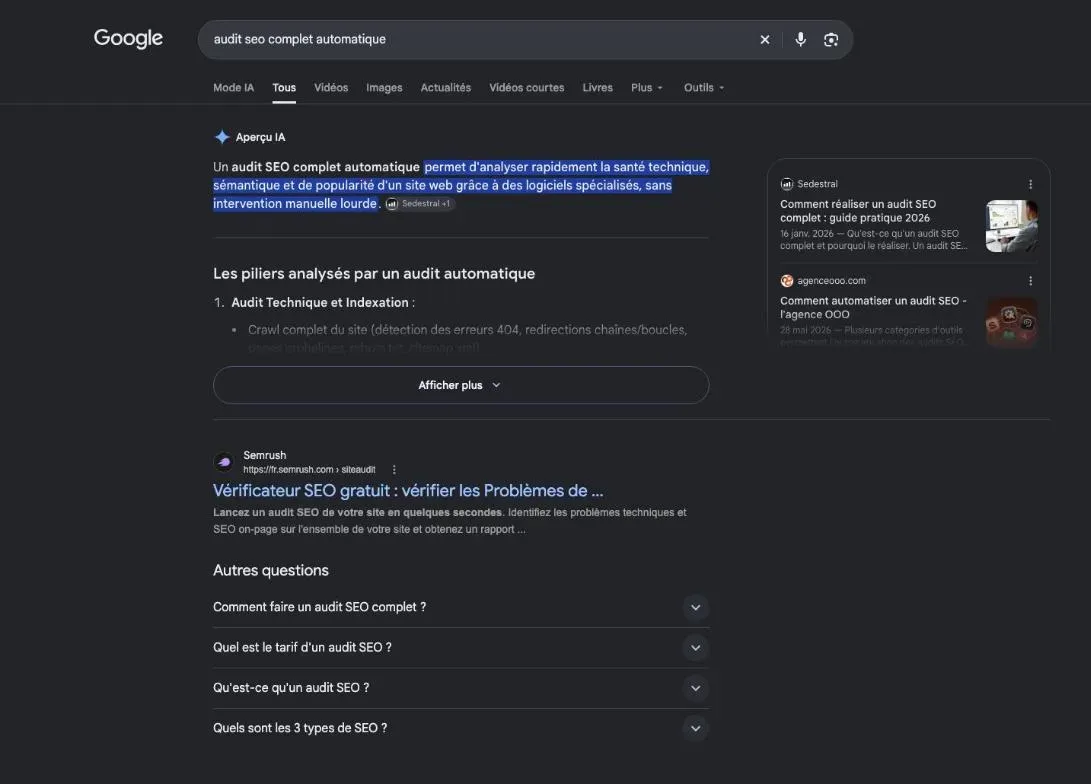 Résultats de Google pour la recherche « audit seo complet automatique »