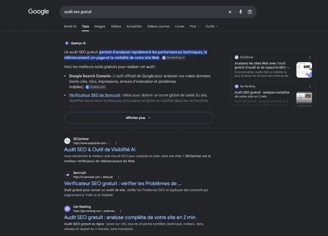 Première page de Google pour la recherche d'un audit gratuit du référencement d'un site