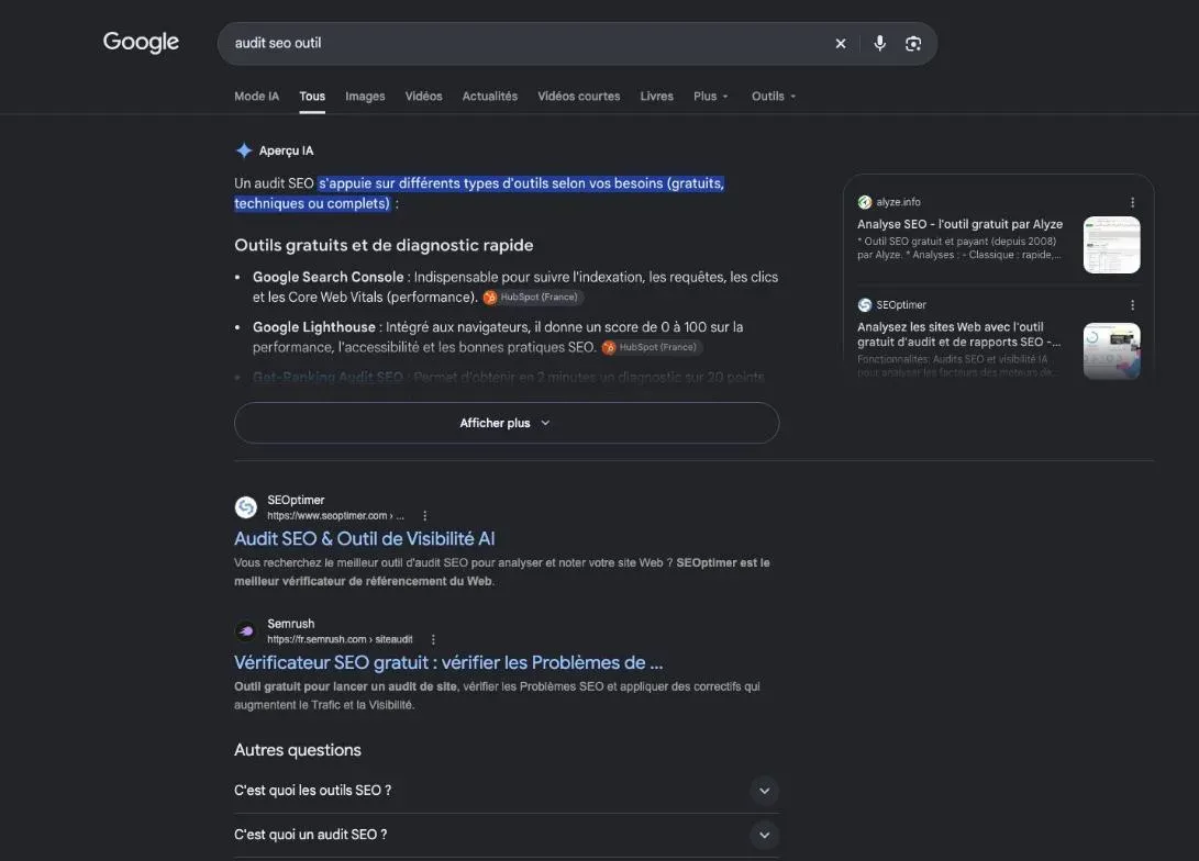 Résultats de Google pour la recherche « audit seo outil »