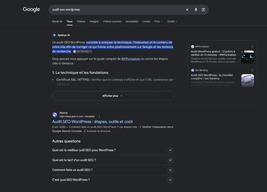 Résultats de Google pour la recherche « audit seo wordpress »