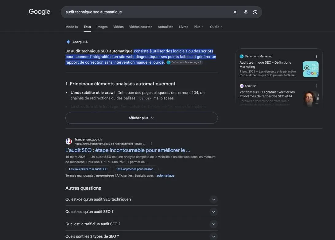 Résultats de Google pour la recherche « audit technique seo automatique »