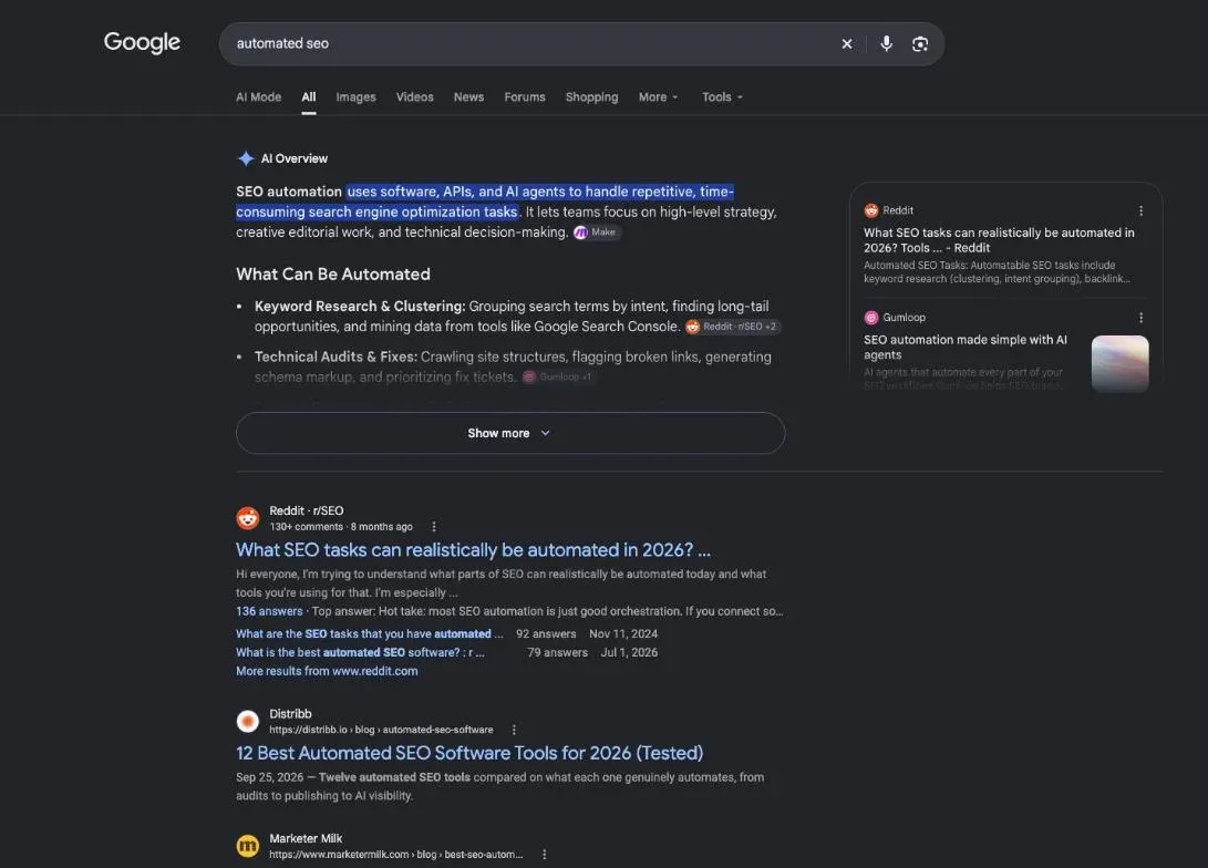 Google results for the search "automated seo"