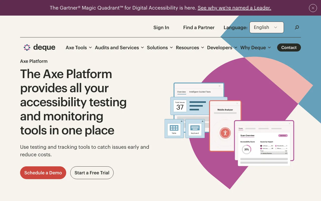 Deque axe product page presenting automated accessibility testing tools for web and mobile