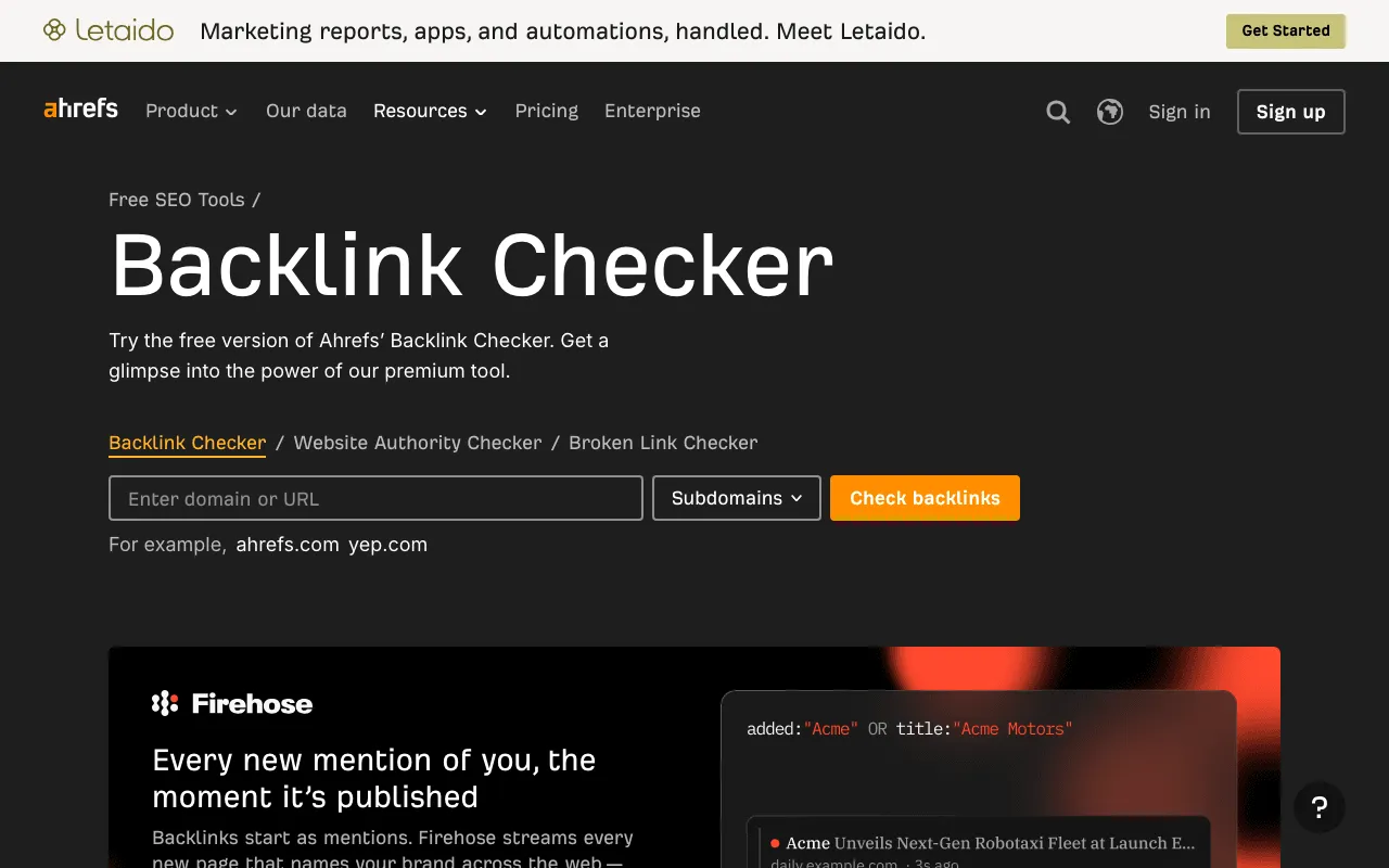 Free Ahrefs Backlink Checker page, which shows the first links of any website