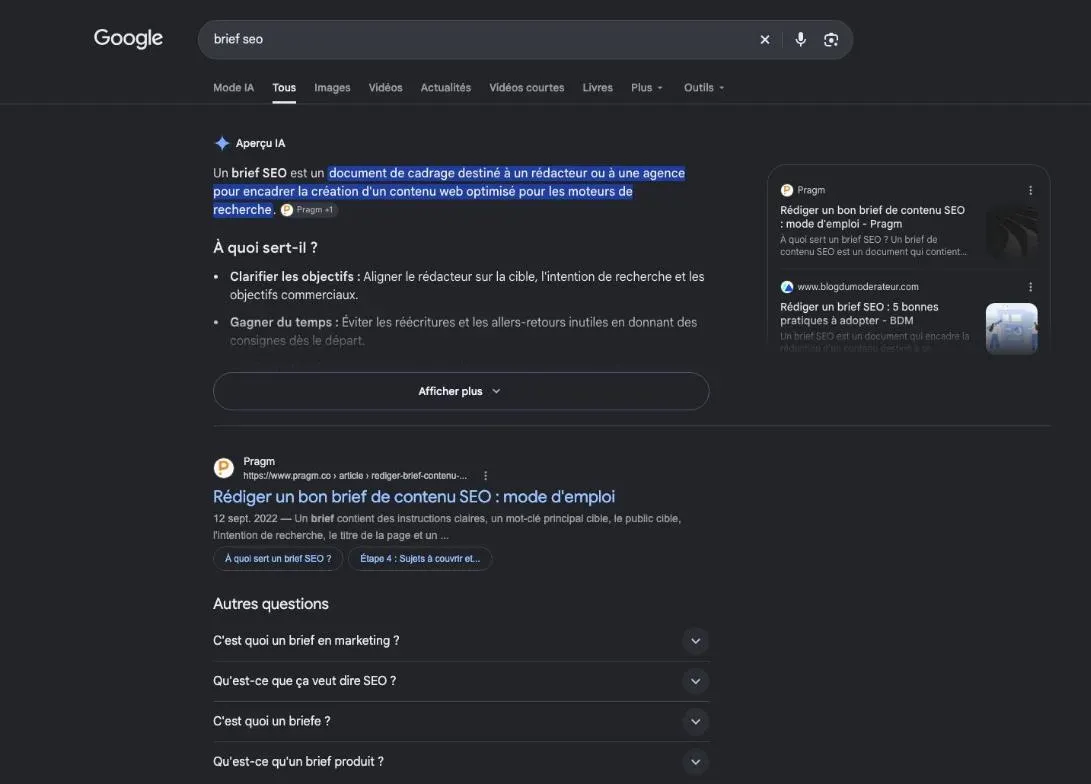 Résultats de Google pour la recherche « brief seo »