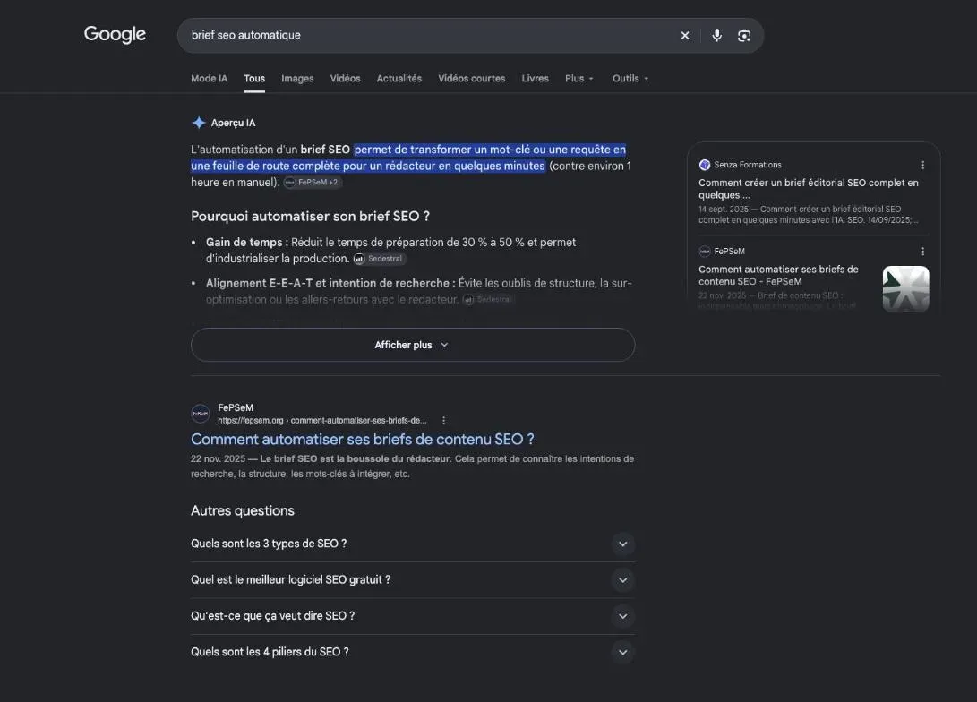 Résultats de Google pour la recherche « brief seo automatique »