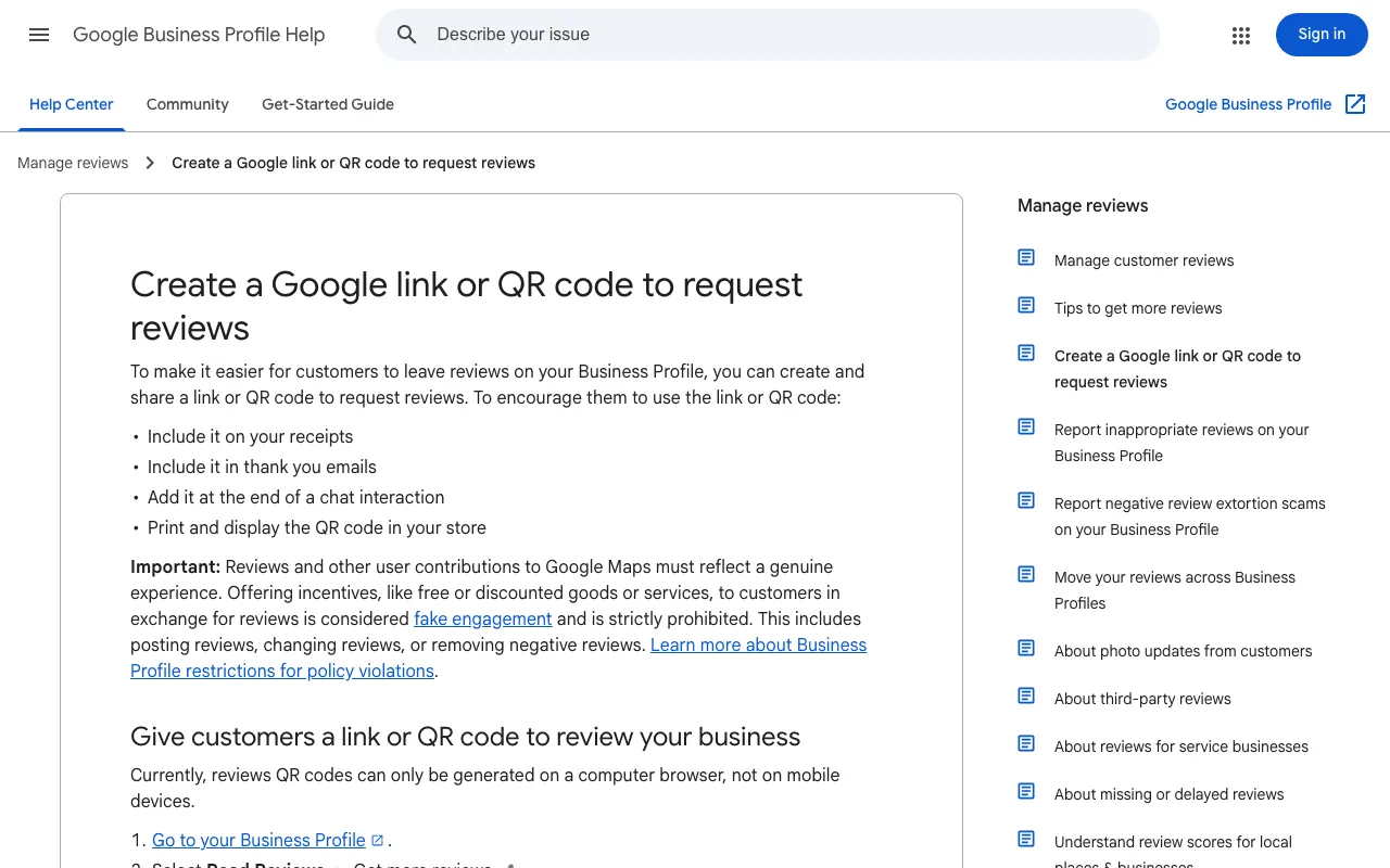 Google review link: Google's help page explaining how to create a review link or QR code