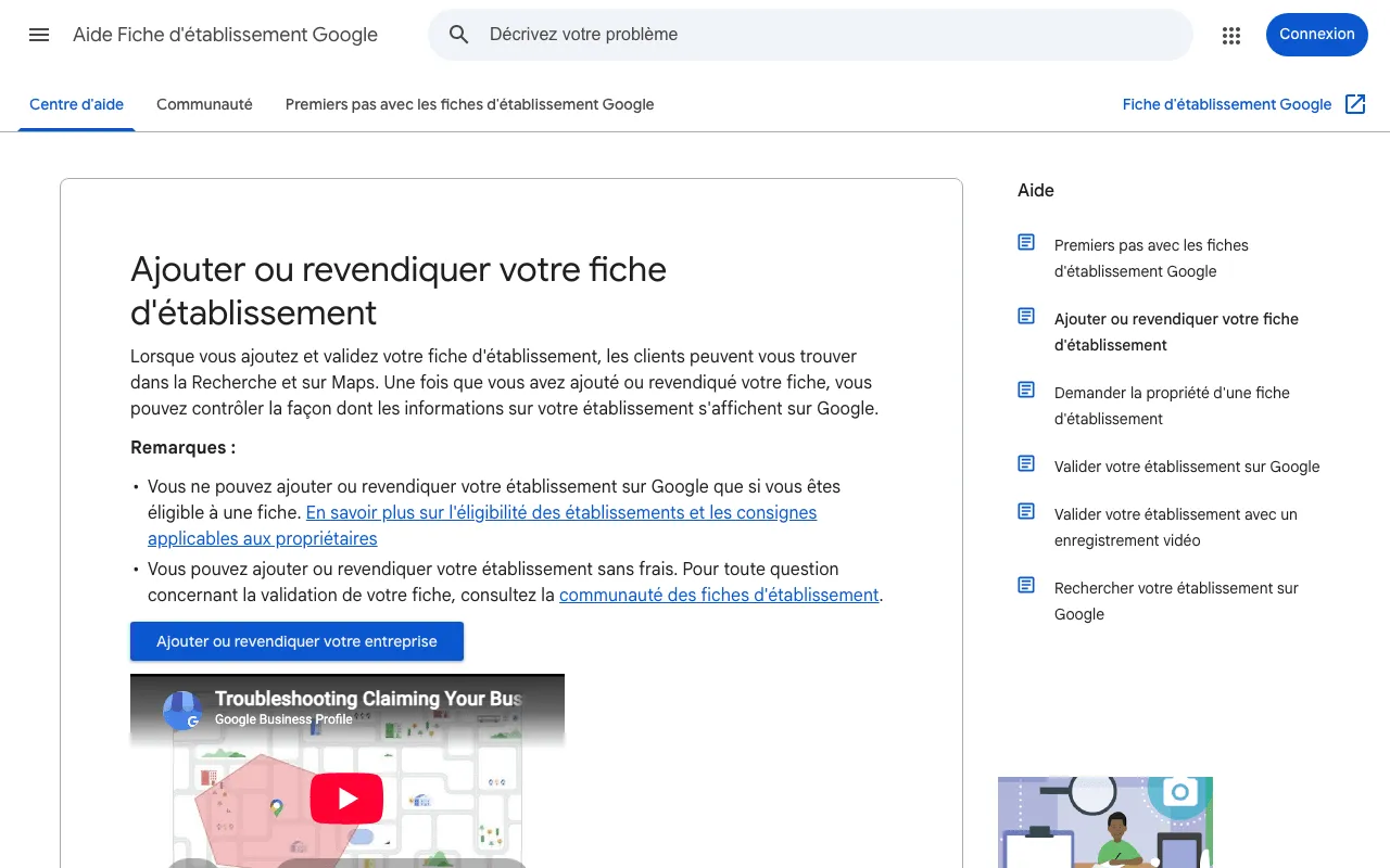 Créer une fiche Google : page d'aide de Google pour ajouter ou revendiquer un établissement