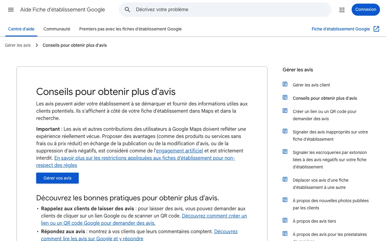 Page d'aide de Google avec ses conseils pour obtenir plus d'avis sur une fiche d'établissement