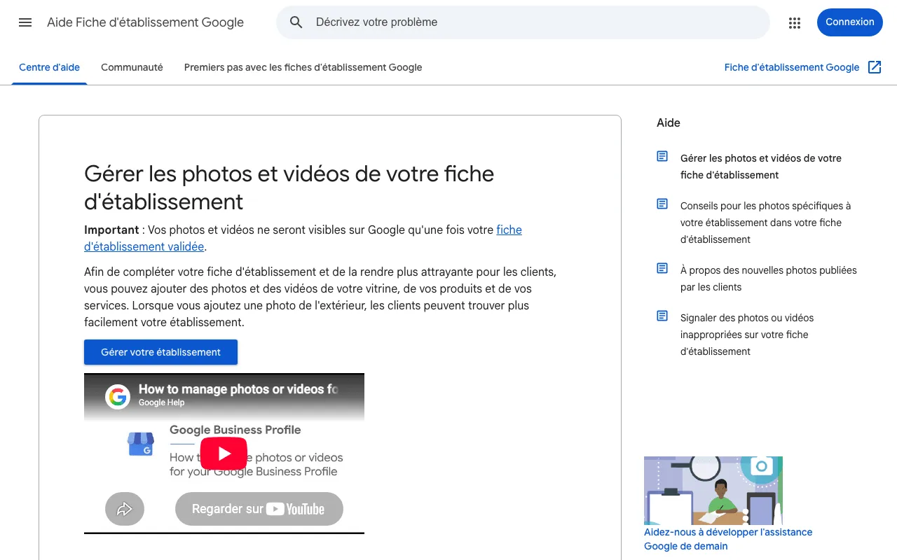 Page d'aide de Google qui explique comment gérer les photos et vidéos d'une fiche d'établissement