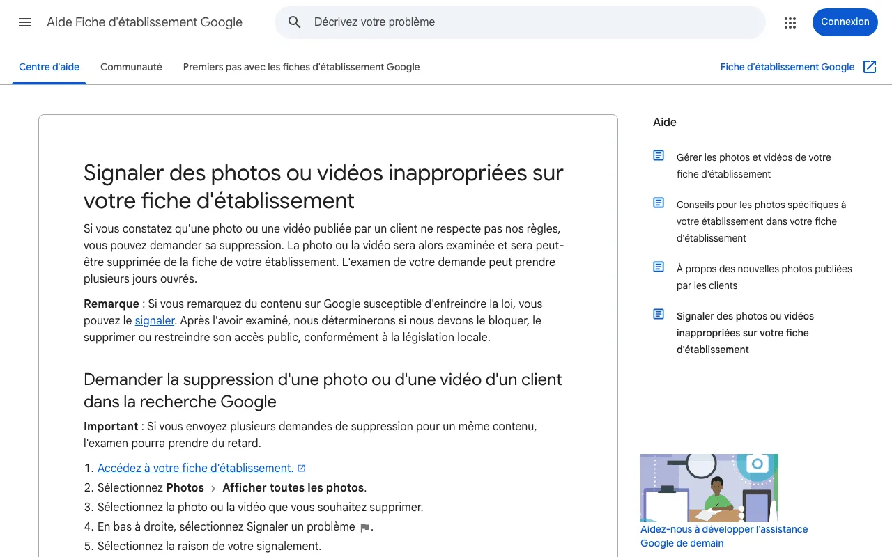 Page d'aide de Google pour signaler les photos ou vidéos inappropriées d'une fiche d'établissement