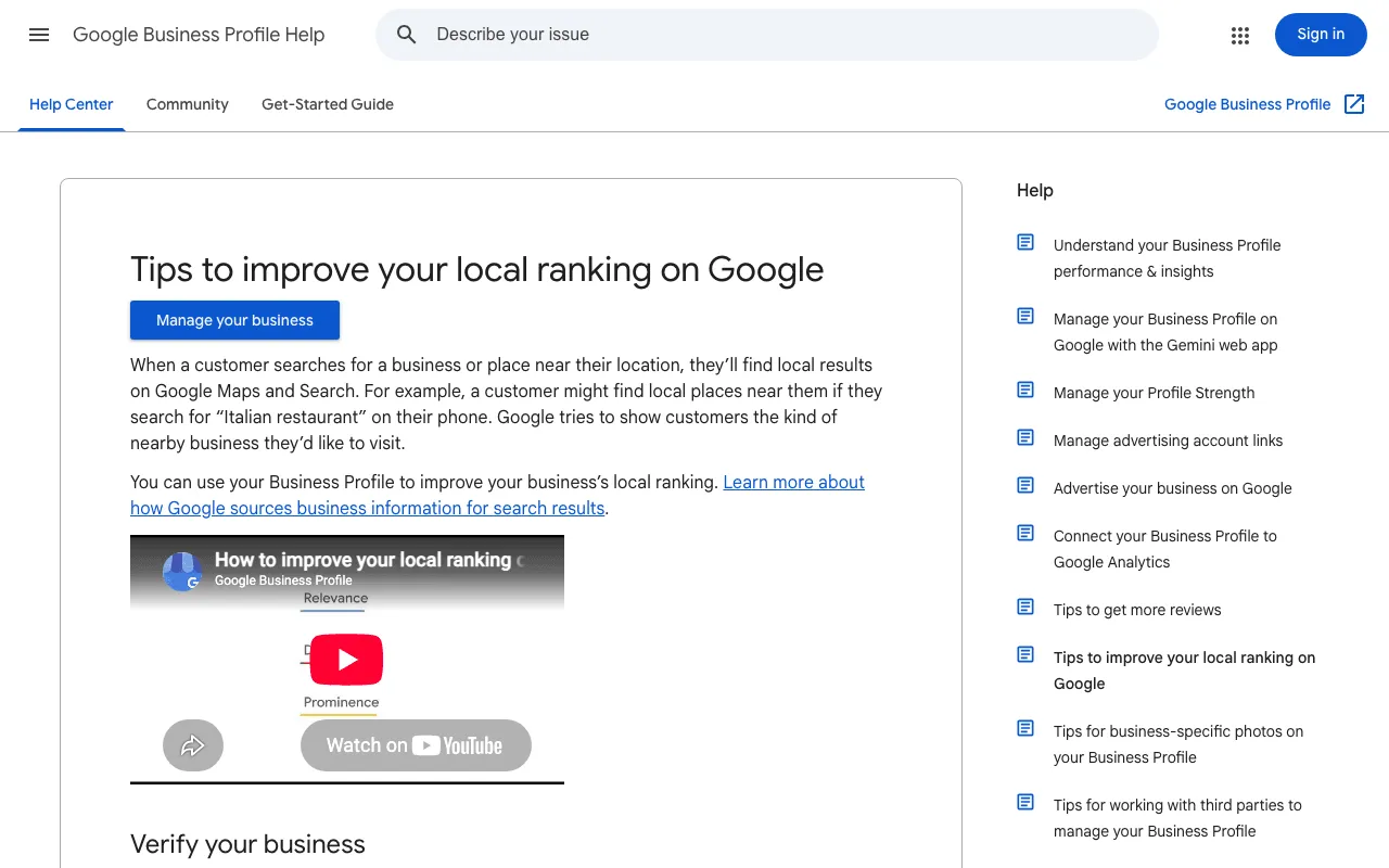 Google Business Profile help page explaining how local results are ranked