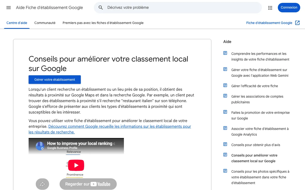 Comment faire du SEO local : page d'aide de Google sur le classement local d'une fiche
