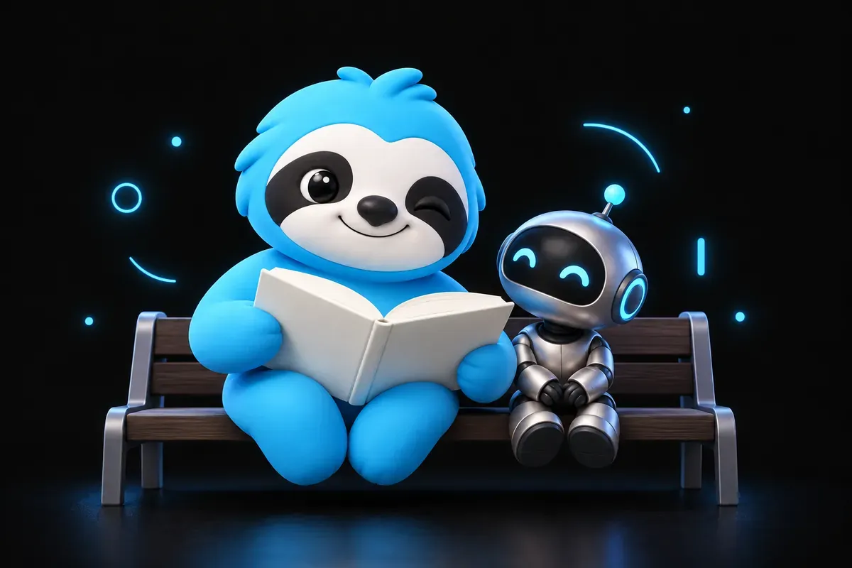 Paresseux qui lit un livre ouvert à un petit robot attentif assis à ses côtés