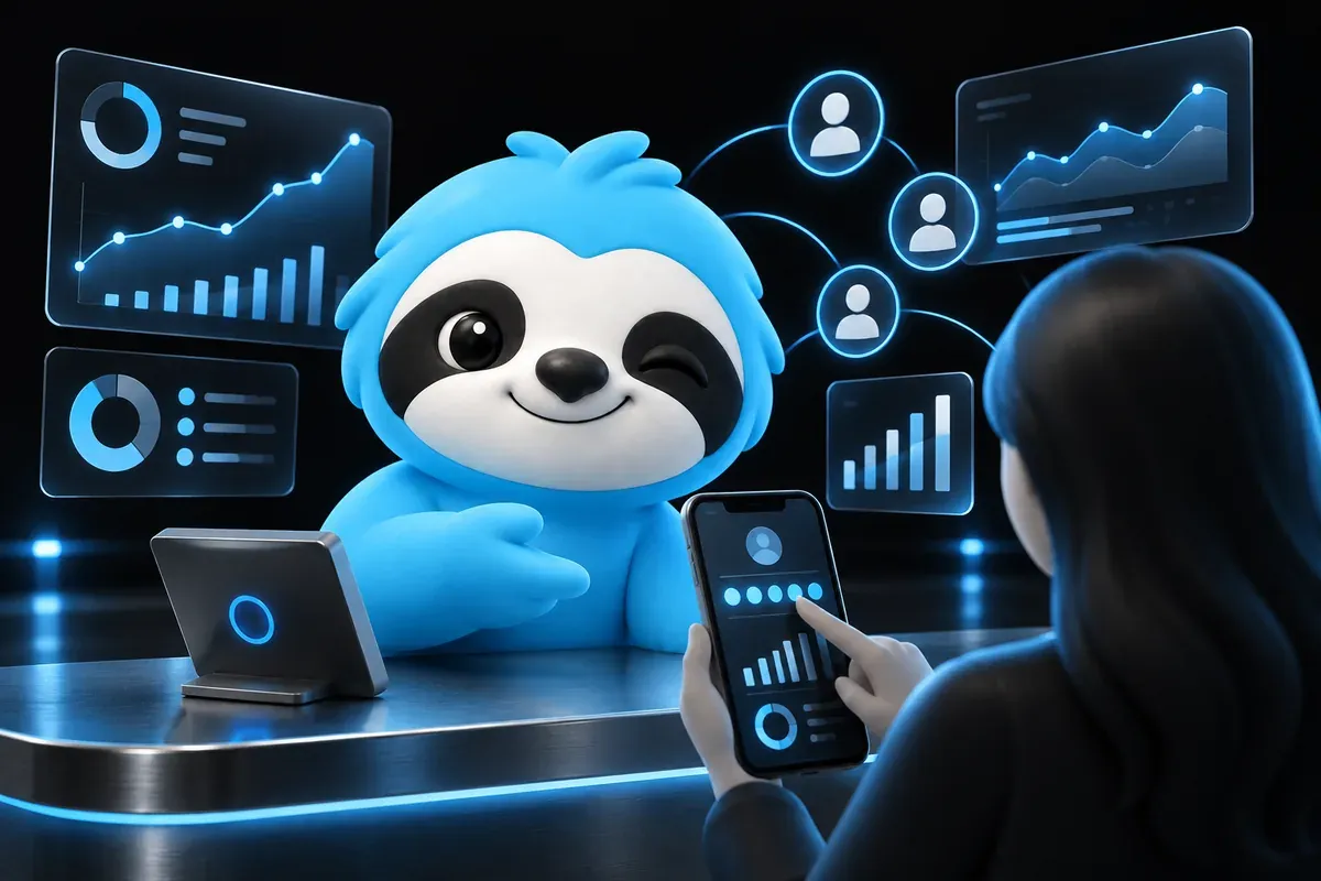 Sloth shopkeeper smiling at a customer who leaves a review on a phone