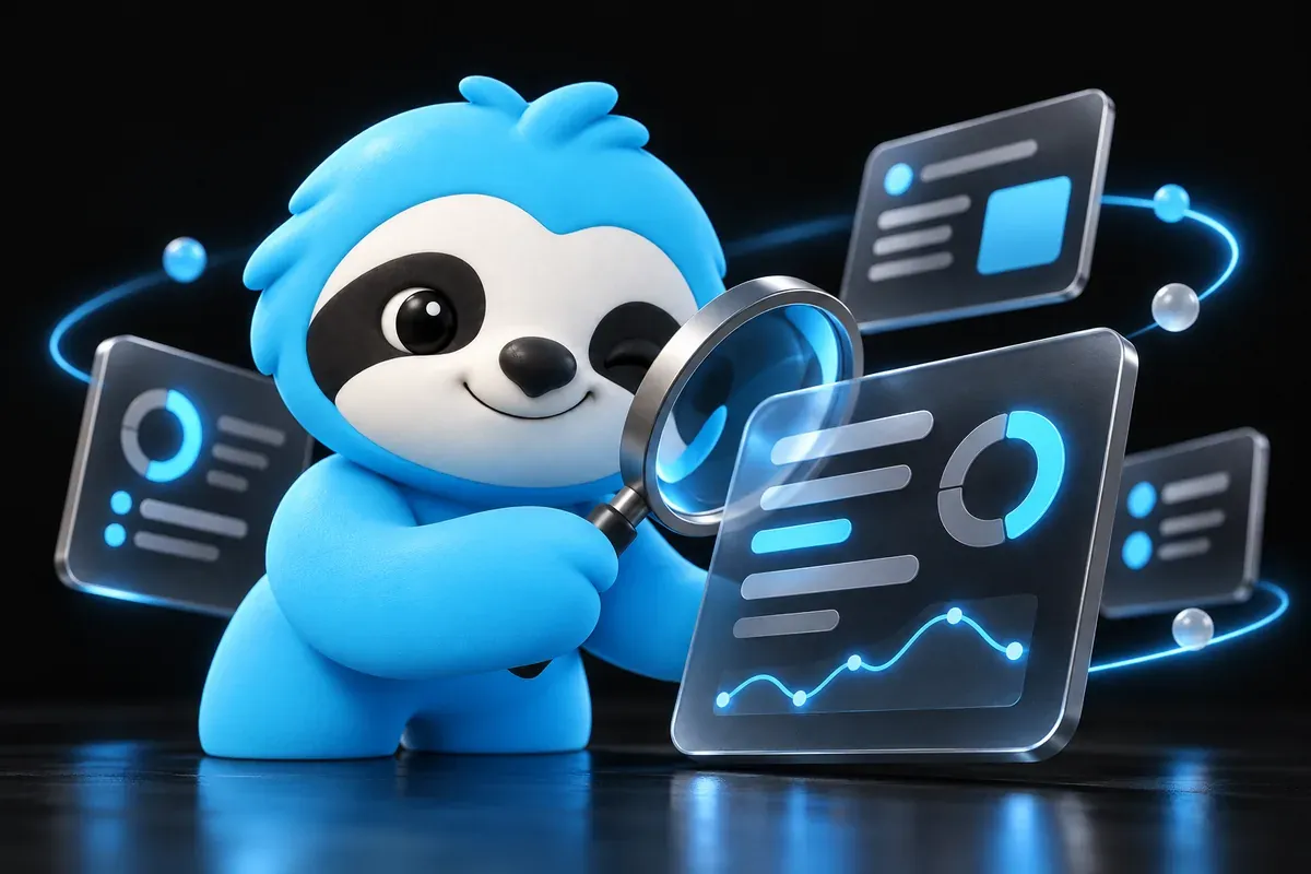 Automated SEO audit: a sloth inspects the pages of a website with a magnifying glass