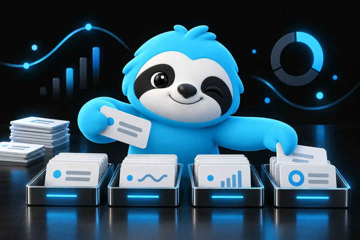 Keyword clustering tools: a sloth sorts word cards into neat piles on a desk