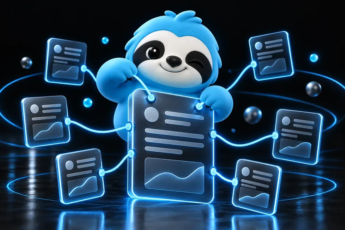 Topic cluster tool: a sloth ties small article cards to one large pillar page