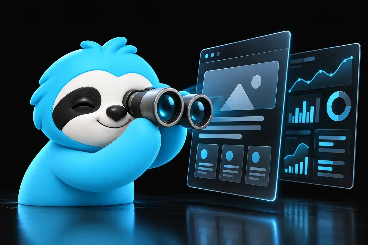 How to analyze a website: a sloth studies a web page through binoculars