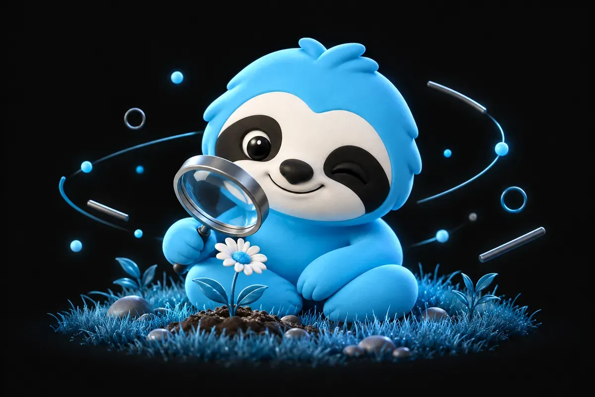Audit SEO gratuit : paresseux qui examine son jardin à la loupe, assis dans l'herbe