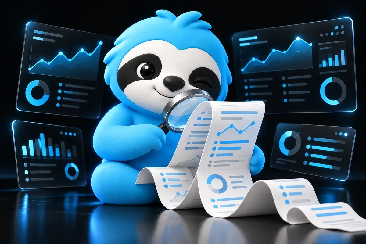 Free SEO audit: a sloth reads a long site report with a magnifying glass