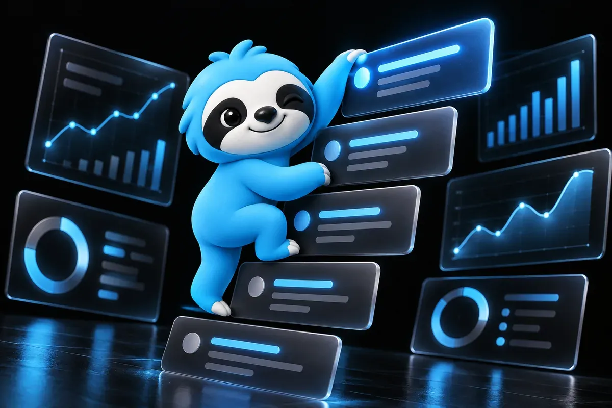 Keyword rank checker: a sloth climbs a ladder of search results to find its place
