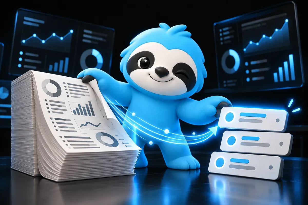 SEO report template: a sloth turns a thick report into a short to-do list