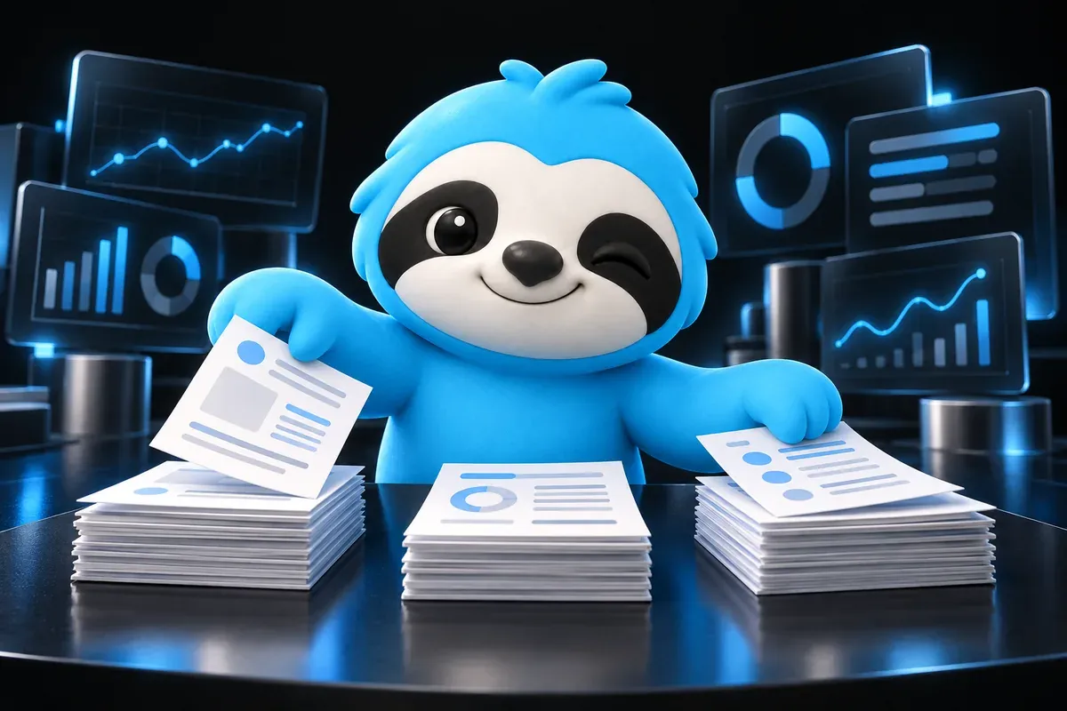 Content audit: a sloth sorts printed web pages into three piles on a desk