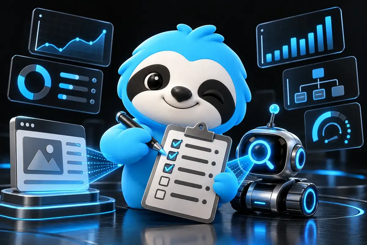 Technical SEO checklist: a sloth ticks boxes on a clipboard next to a search robot