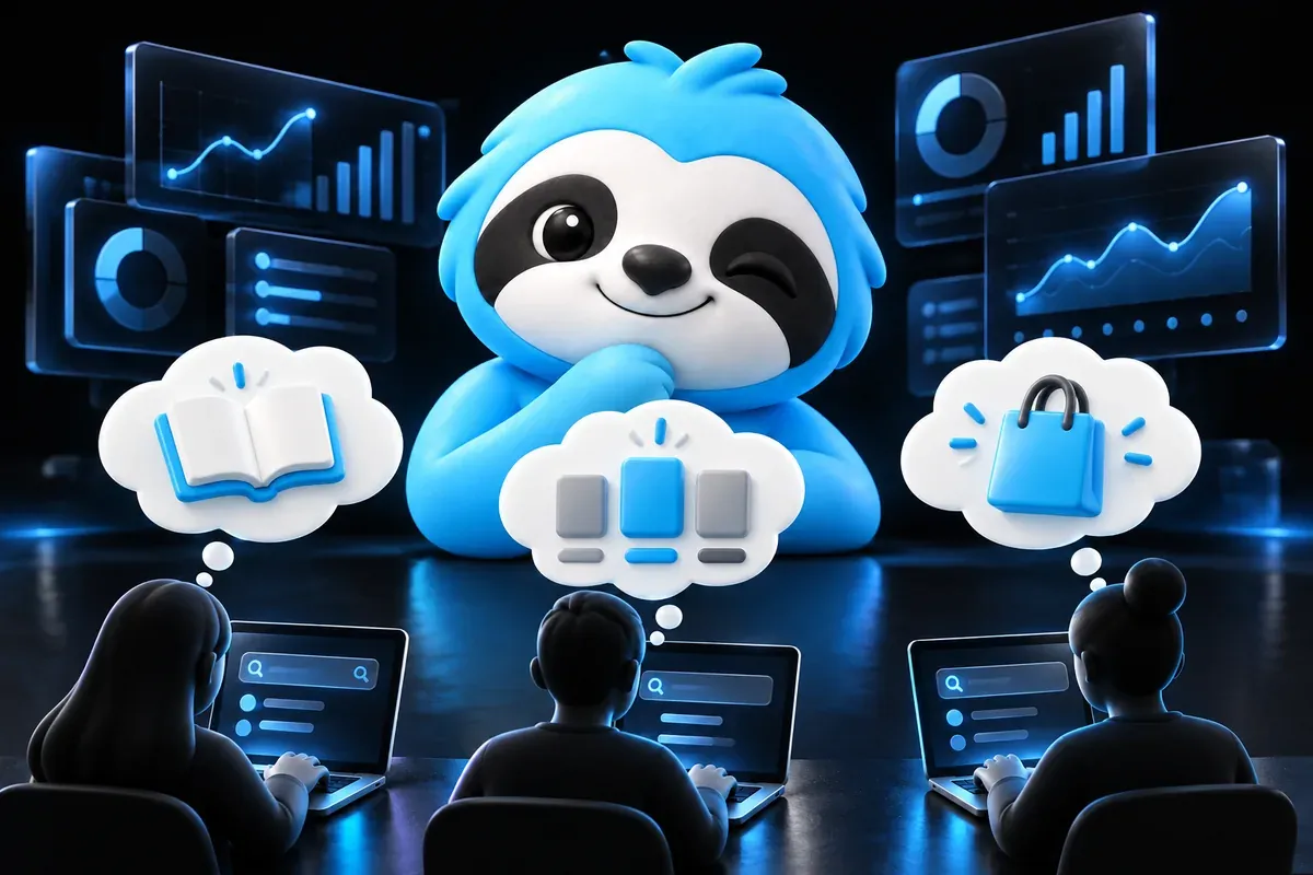 Keyword intent: a sloth reads thought bubbles above people typing searches