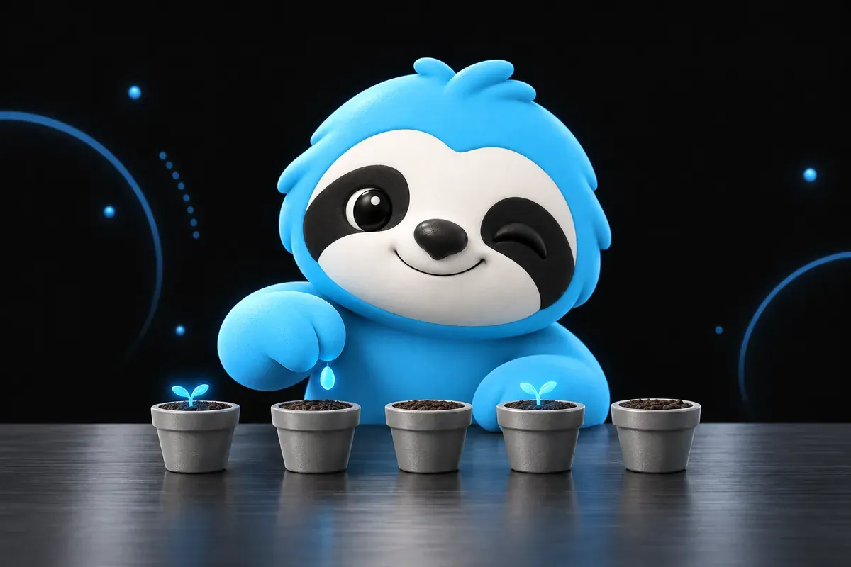 Google Keyword Planner gratuit : paresseux qui sème des graines dans des petits pots alignés