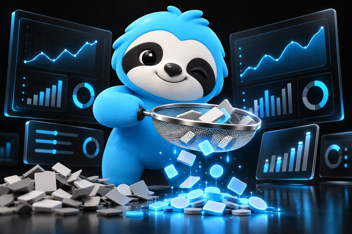 Keyword research tool at work: a sloth sifts a pile of words through a sieve