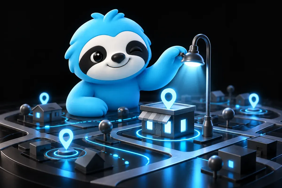 Local SEO for small business: a sloth shopkeeper lights a lamp on a neighborhood map